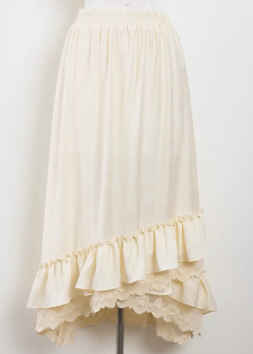 Ruffle lace hem midi-skirt (natural)
