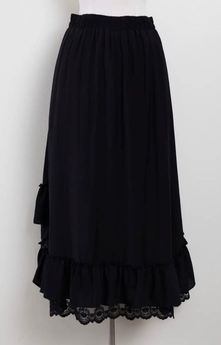 Ruffle lace hem midi-skirt (black)