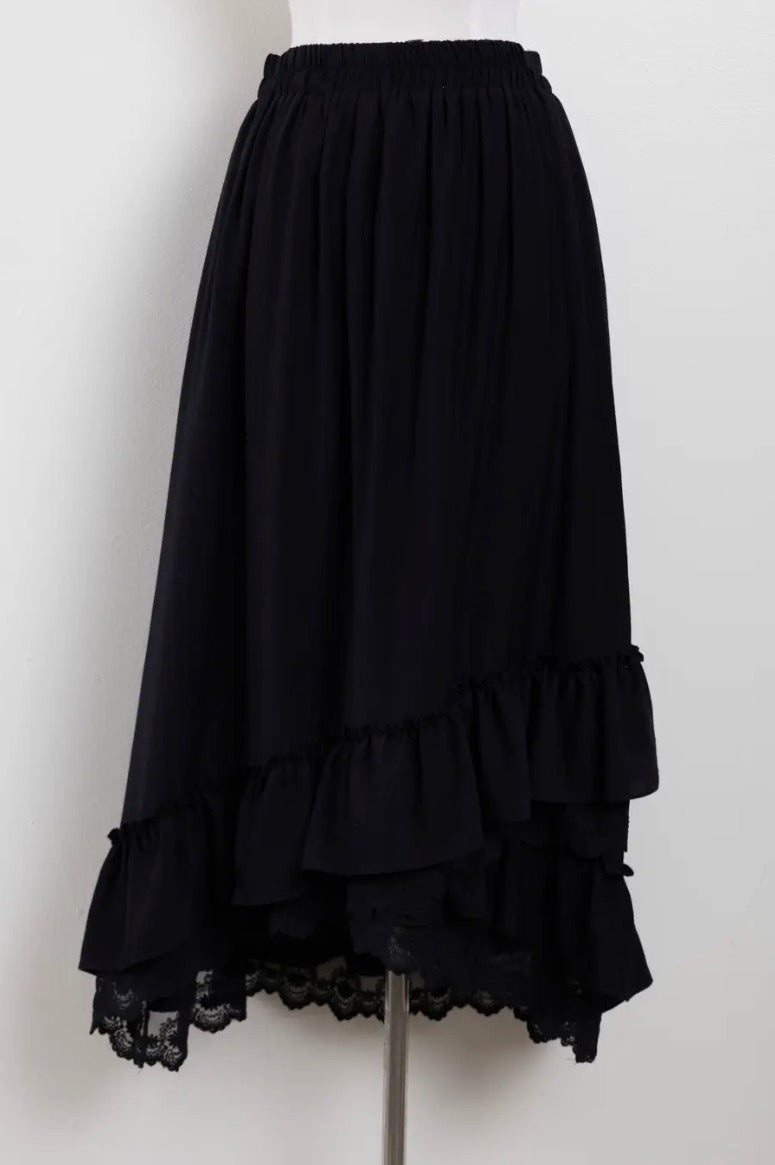 Ruffle lace hem midi-skirt (black)