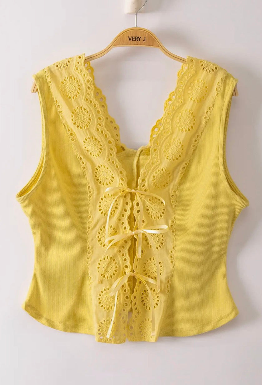 Yellow tie front sleeveless top